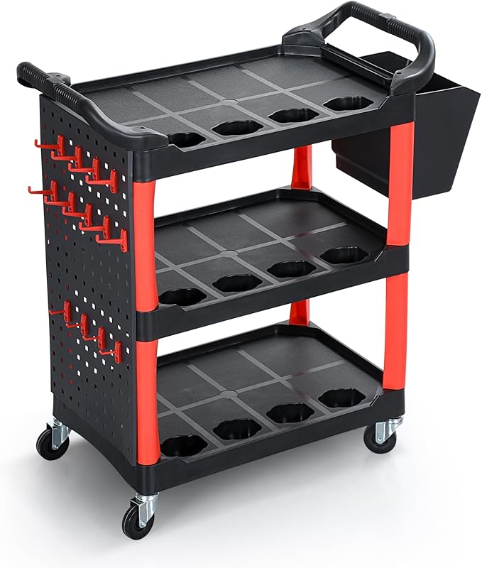 DWVO Rolling Auto Detailing Cart with Wheels & Hanging Bucket, 3-Tier Organizer with Hooks & Long Hanging Panel, Car Wash Utility Cart for Garage, Workshop, Repair Shop, DIY Home (17" D x 33" W)