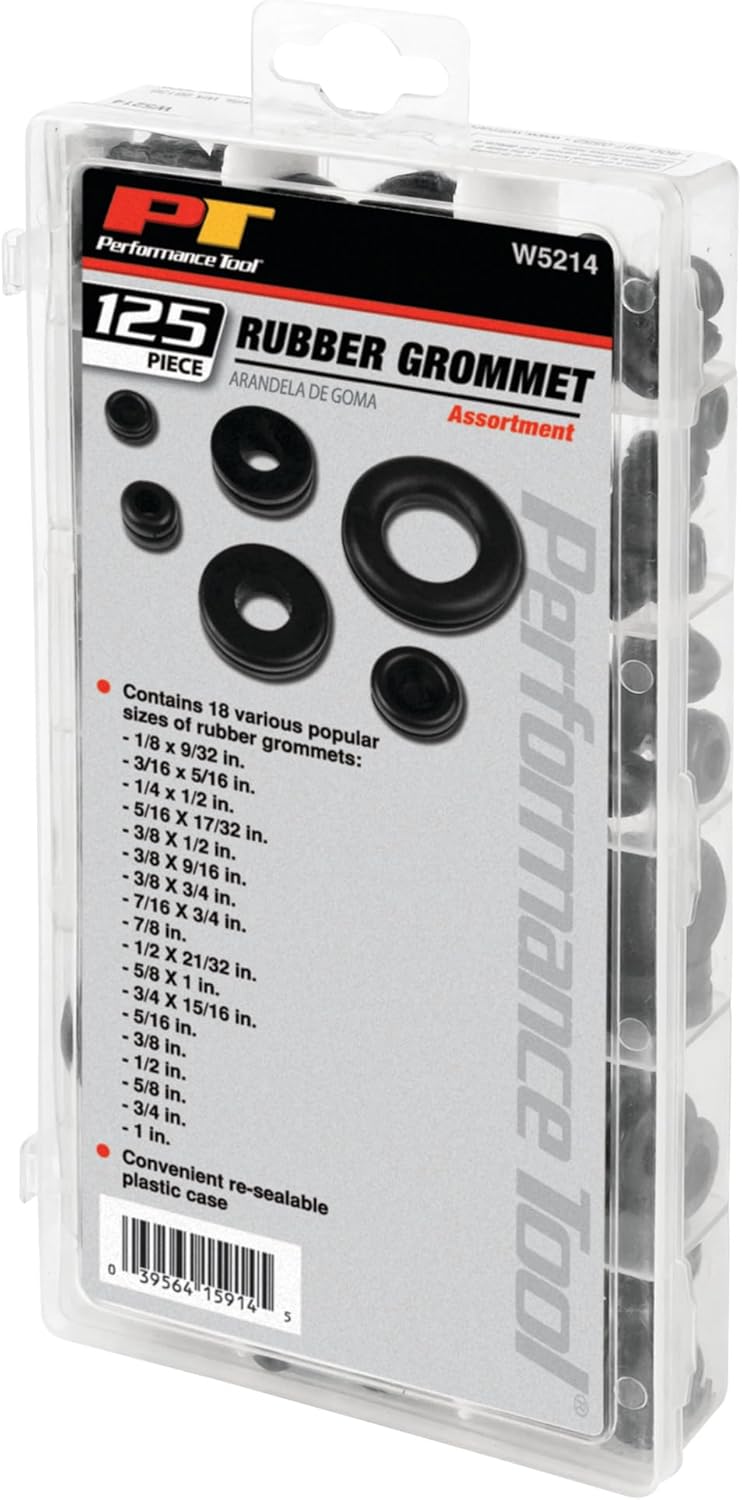 Performance Tool W5214 125pc Rubber Grommet Assortment in Organizer Case for Vehicle Maintenance and Repair in Auto Shops and Garages