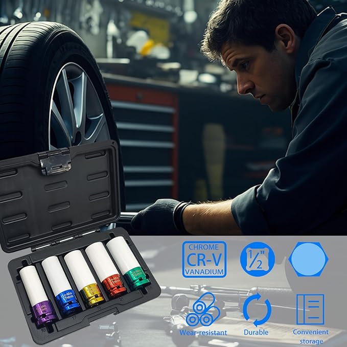 5PCS 1/2" 15mm 17mm 19mm 21mm 22mm Impact Drive Lug Nut Socket Set, Drive Wheel Protector Impact Socket, Thin-Walled Wheel Rim Protectors Tool, Non-Marring Impact Lug Nut Socket