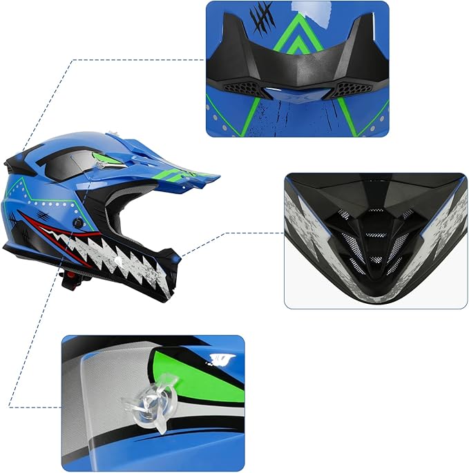 XFMT DOT Youth Kids Dirt Bike Helmet Full Face Motocross Helmets for Off-Road ATV Street Bike Four Wheeler Motorcycle with Goggles & Gloves, Blue Shark Medium