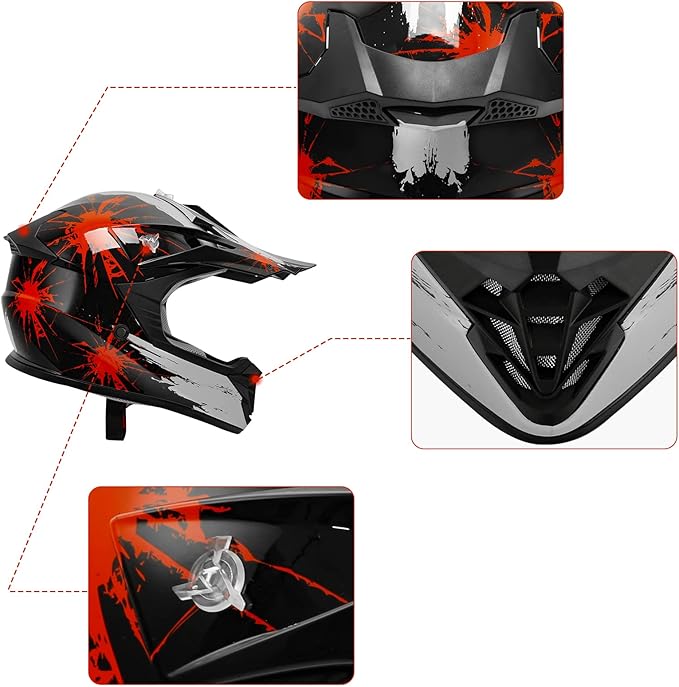 XFMT DOT Youth Kids Dirt Bike Helmet Full Face Motocross Helmets for Off-Road ATV Street Bike Four Wheeler Motorcycle with Goggles & Gloves, Black Red Firework Small