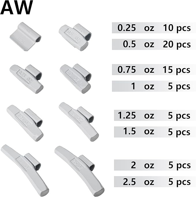 AW-M70 Wheel Weight Kit AW Style Grey 70pcs/kit: 1/4oz 10pcs, 1/2oz 20pcs, 3/4oz 15pcs, 1oz 5pcs, 1 1/4oz 5pcs, 1 1/2oz 5pcs, 2oz 5pcs and 2 1/2oz 5pcs