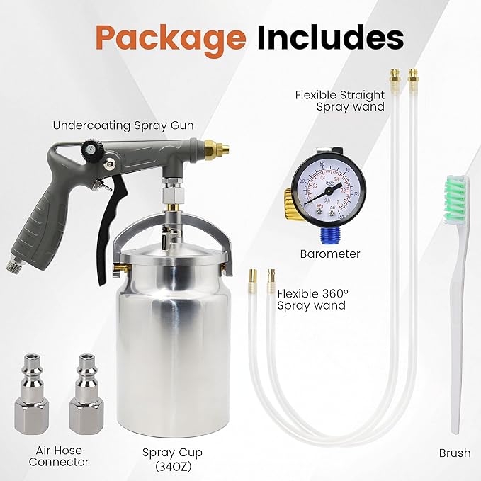 Undercoating Spray Gun Kit with 1000CC Suction Aluminum Cup, Straight & 360° Spray Hose with Connector and Barometer for Truck Bed Liner Coating Car Chassis, Rubberized Coating and Rust Proofing