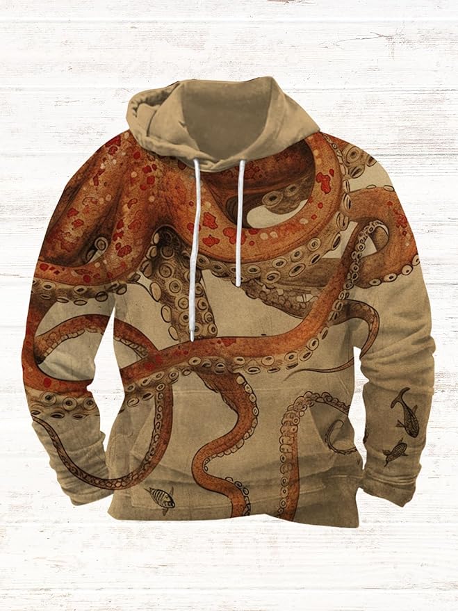 Mens Animal Print Graphic Hoodies Casual Long Sleeve Japanese Art Style Hooded Sweatshirt Lightweight Pullover Tops