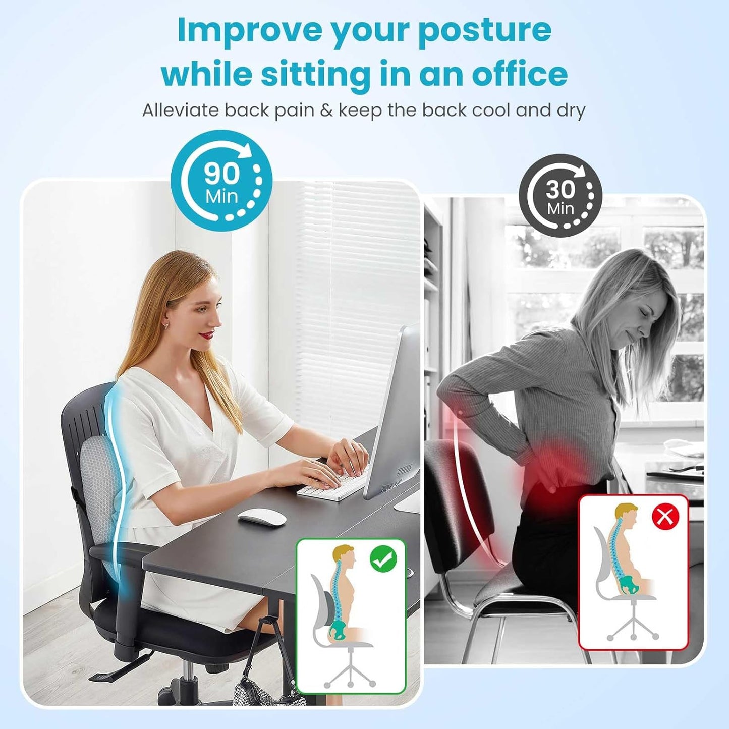 Lumbar Support Pillow Office Chair Car Back Pillow Ergonomic Lower Back Pain Relief Breathable Air Fiber Cushion with Hours Sitting on Worker Driver & Handicapped, Adjustable Strap (Light Grey)