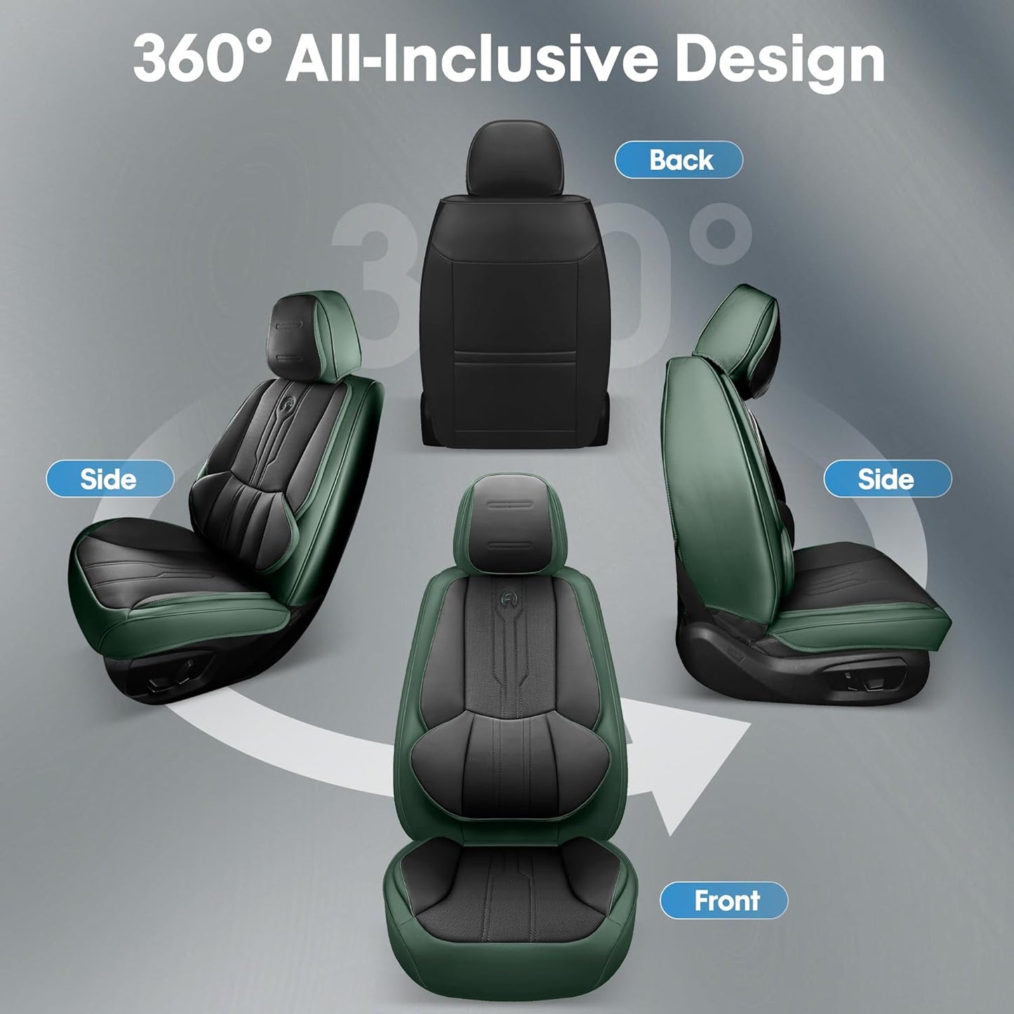 AOOG Front Seat Covers, Car Seat Covers Front Seats, Leather Seat Covers for Cars, Waterproof Seat Covers with Lumbar Support Universal Fit for Most Cars SUV Trucks(Front Pair, Green&Black)