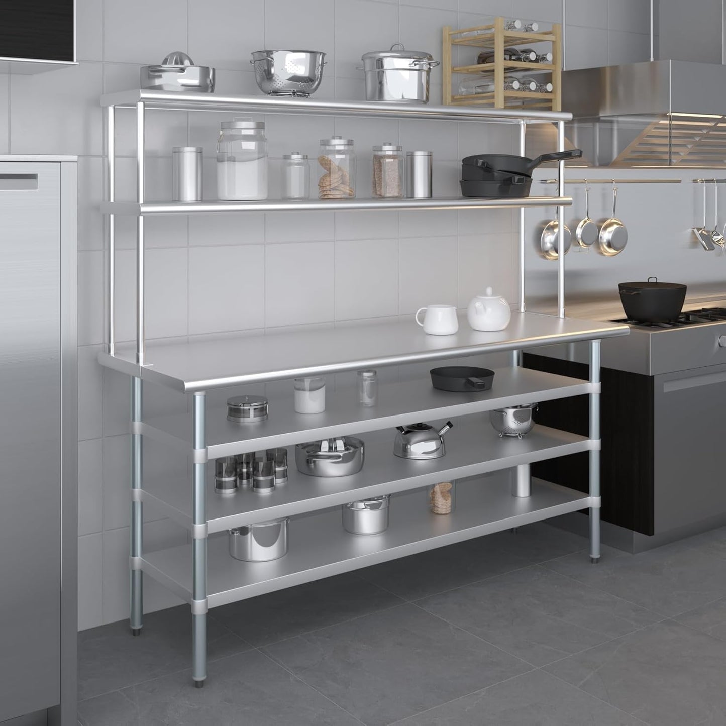 Amgood 24" x 72" Stainless Steel Work Table with 3 Shelves and 12" Wide Double Tier Overshelf | Metal Kitchen Prep Table & Shelving Combo | NSF