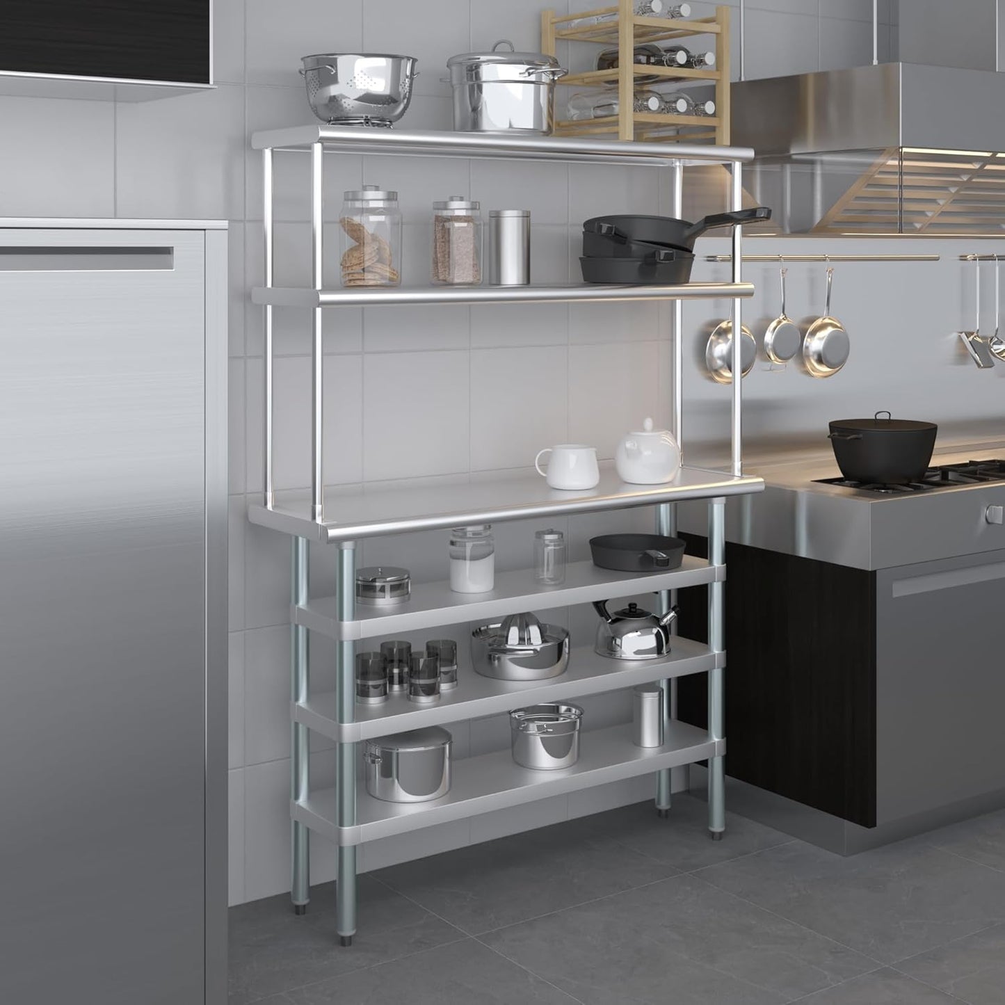 Amgood 14" x 48" Stainless Steel Work Table with 3 Shelves and 12" Wide Double Tier Overshelf | Metal Kitchen Prep Table & Shelving Combo | NSF