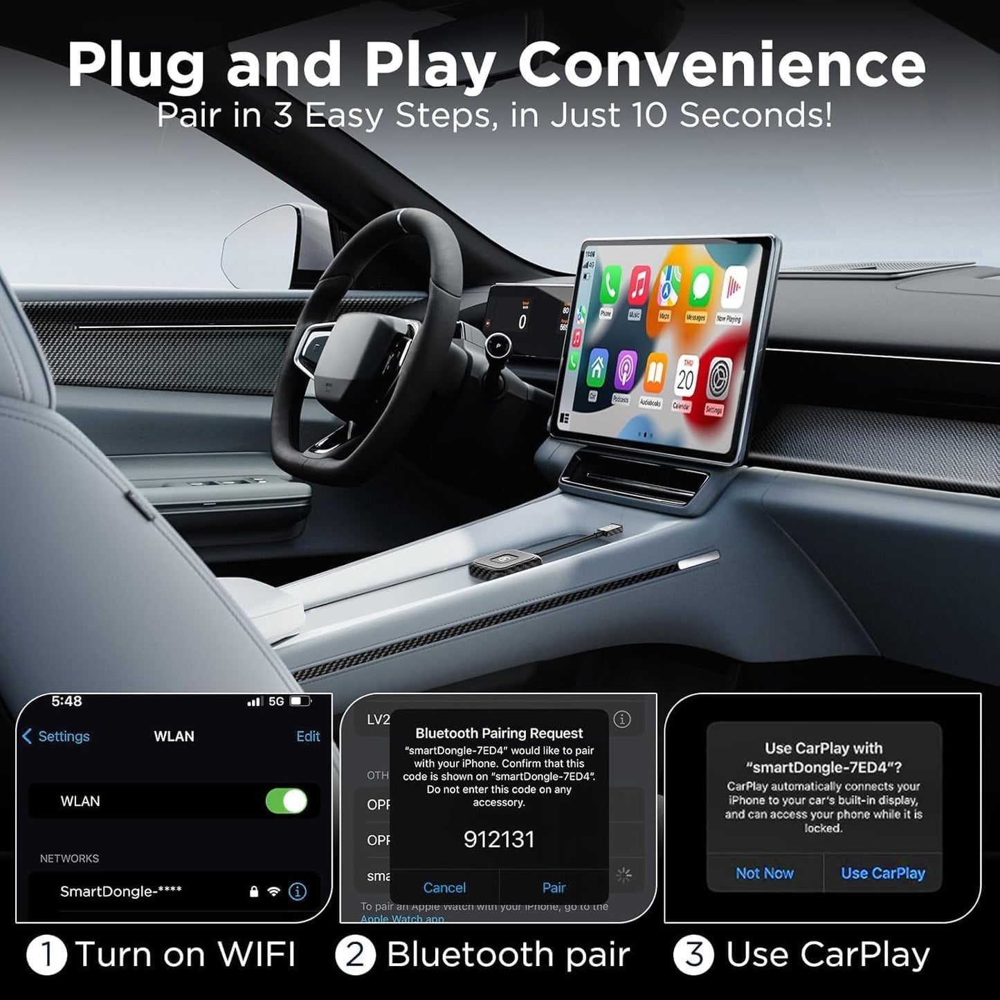 Wireless CarPlay Adapter for Apple iPhone,Wireless Carplay USB Dongle Converter Wired Carplay to Wireless, Support Online Update Plug and Play,Fit for Cars Built-in Wired CarPlay (Carbon)