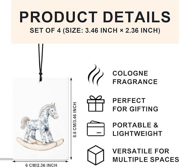 Blue and White Chinoiserie Car Air Freshener 4 Pcs, Retro Rocking Horse Plane Bear Truck Air Freshener Hanging for Cars Books Closet Drawer, Cute Girly Car Accessories for Women