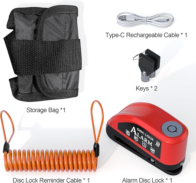Motorcycle Alarm Disc Brake Lock With Reminder Cable - Rechargeable, 110 dB Sound, Anti-Theft Waterproof, 2 H Fast-Charging, 9 Months Standby, 7 mm Pin Universal for Bikes