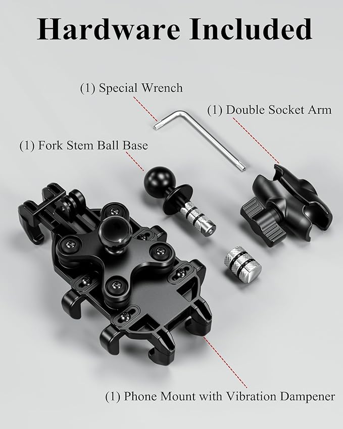 BRCOVAN Motorcycle Fork Stem Phone Mount Holder with Vibration Dampener, Heavy Duty Cellphone Cradle Fit Stem Tubes 12mm-25.4mm in Diameter, Adjustable for 5.4-6.9'' Smartphone