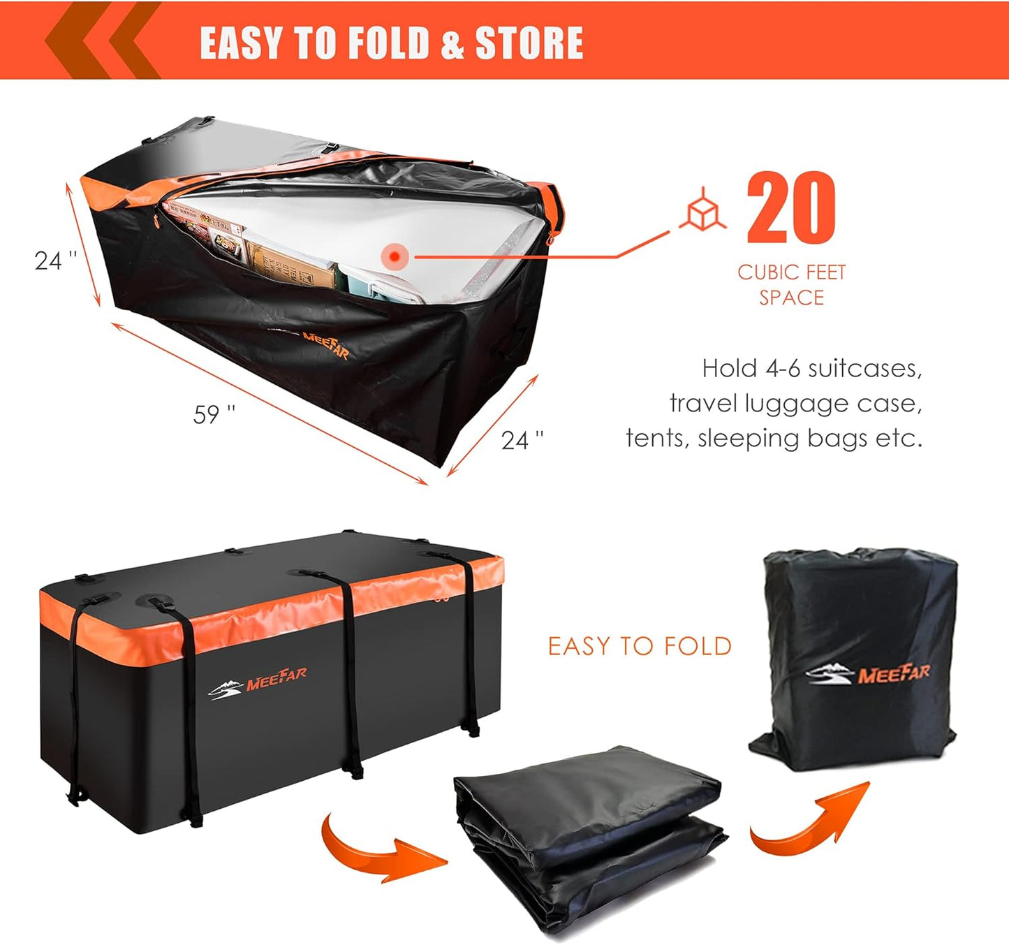 MeeFar Hitch Mount Cargo Carrier Bag Soft Shell 100% Waterproof 20 Cubic Feet (59" 24" 24") Include 8 Reinforced Straps for Truck Pickup All Vehicle with Steel Cargo Basket