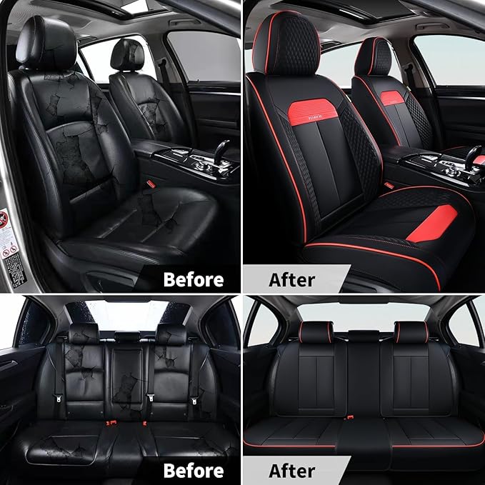 FLORICH Front Seat Covers, Luxury Car Seat Cover with Waterproof Leather, Automotive Vehicle Seat Covers for Cars Trucks Vans SUVs Sedans (2 Packs, Black&Red Line)