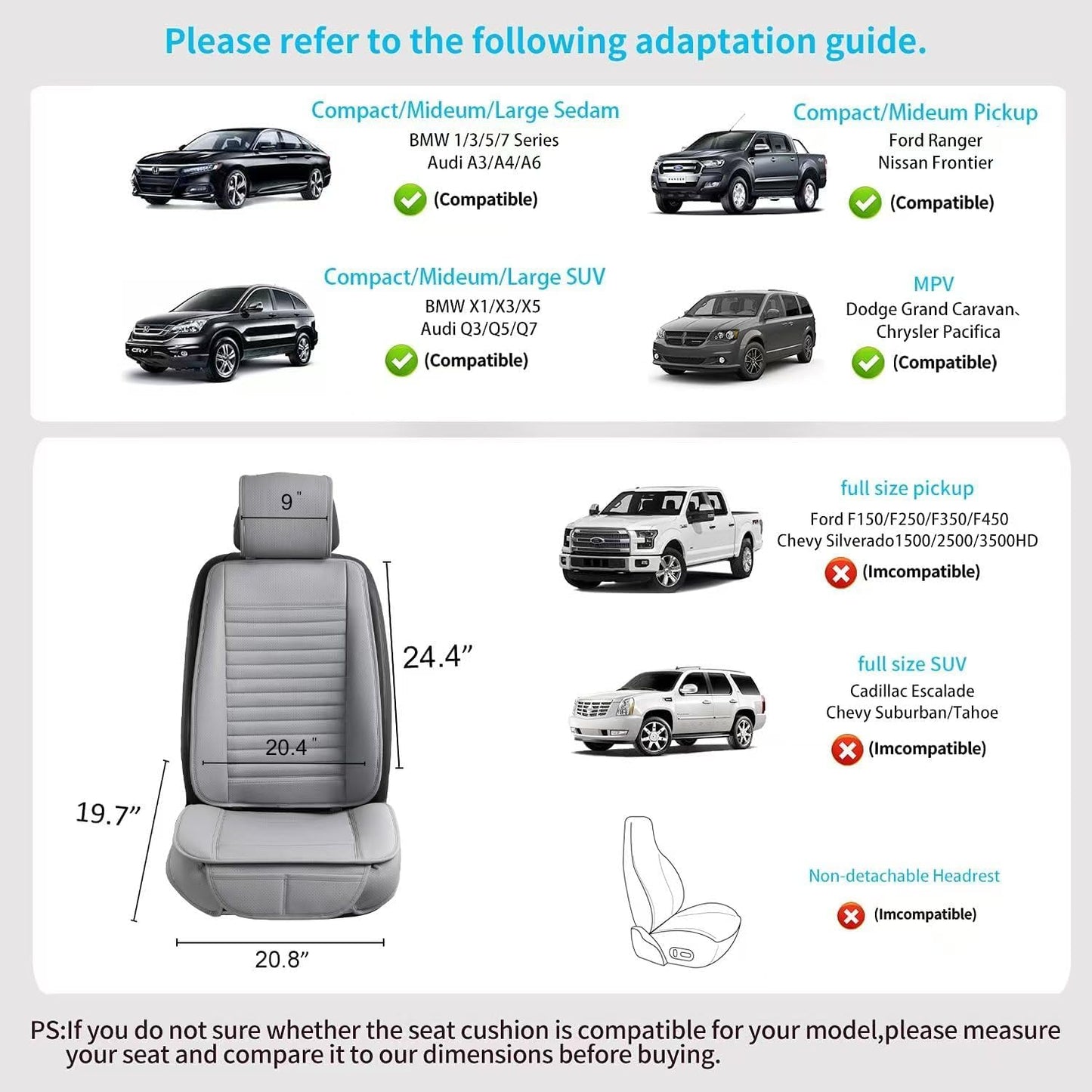 Universal Leather Car Seat Covers Full Set, Car Seat Cushion Covers Protector for Cars SUV Pick-up Truck Van Interior Accessories(Gray)