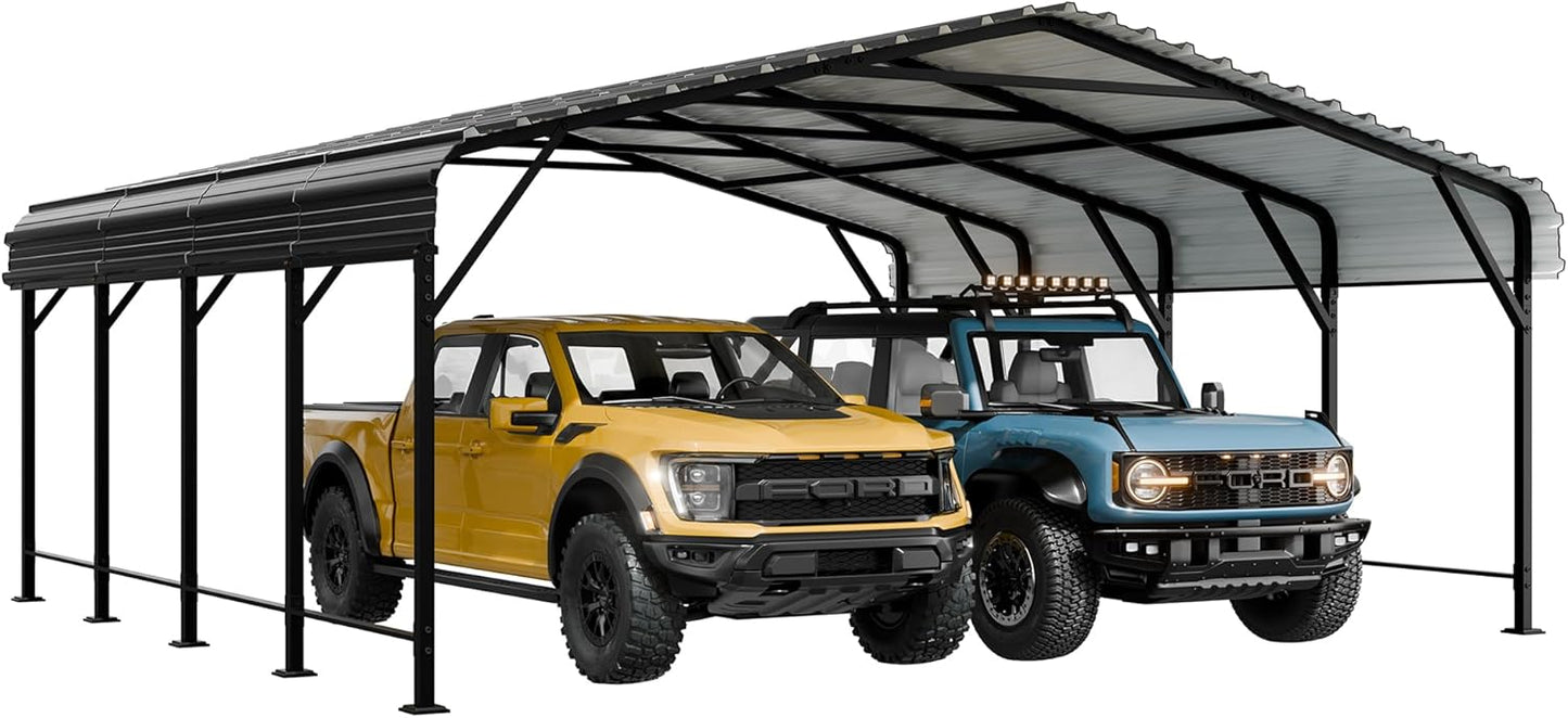 Walsunny Metal Carport 20x20 FT Heavy Duty Carport Canopy with Enhanced Base, Outdoor Car Shelter with Galvanized Steel Roof and Frame Garage for Truck, SUV, Boat, Black