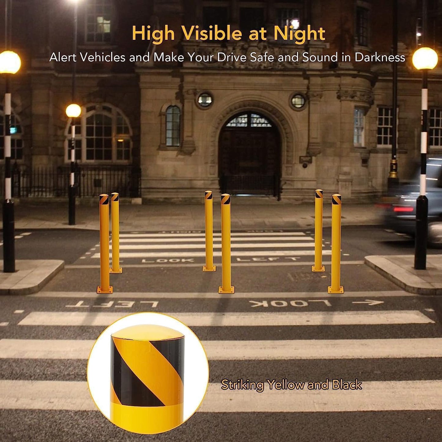 Safety Bollard, 4 Packs 48 Inch Metal Safety Bollard Post with 16 Anchor Bolts, 4.5 Inch Diameter Steel Safety Bollard for Driveway Barrier, Parking Pole,Traffic Control