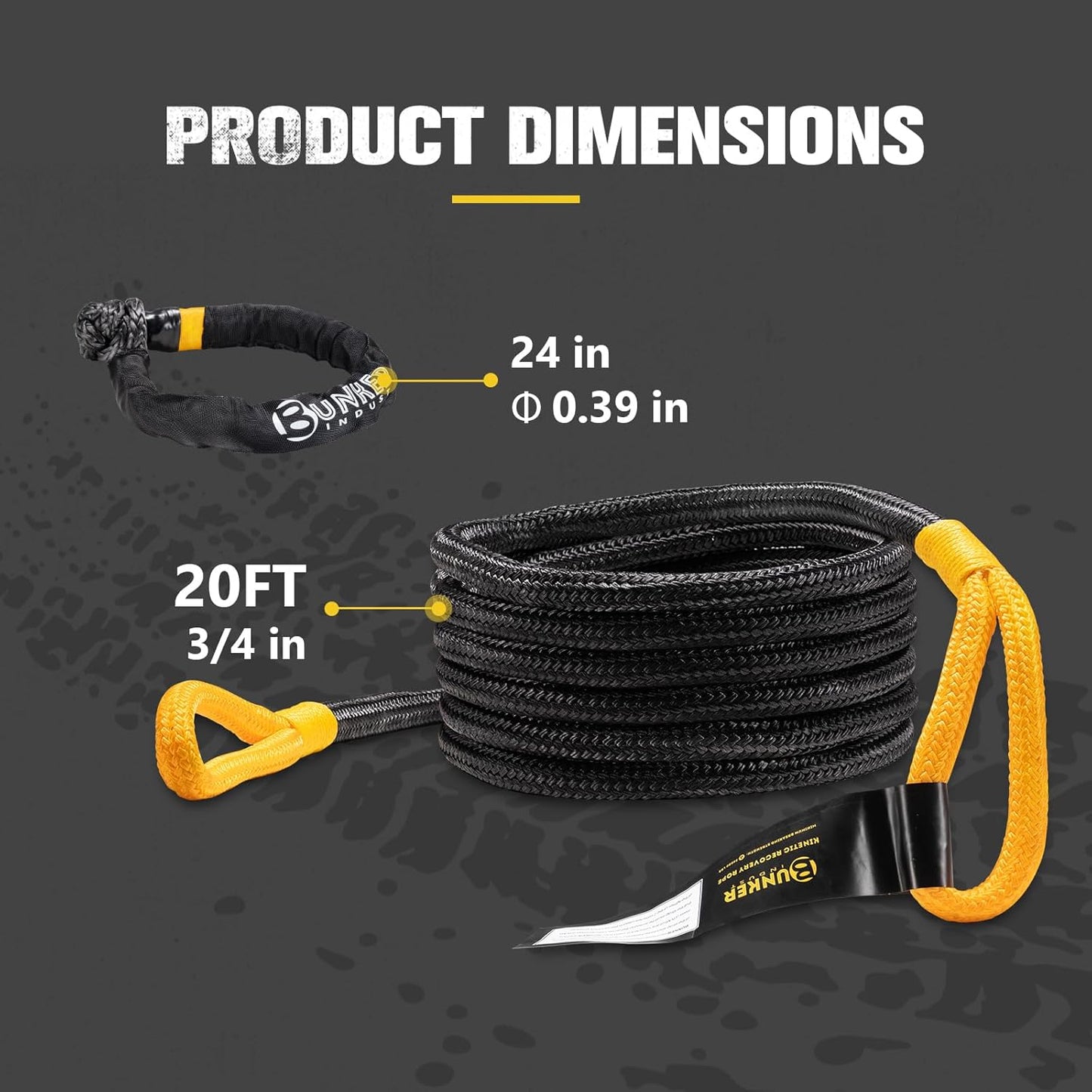 BUNKER INDUST 3/4in×20ft Kinetic Recovery Rope with 2 Soft Shackles Kit, Kinetic Recovery Tow Rope Snatch Strap Off Road Recovery Kit for UTV, ATV, Truck, Car, Jeep, Tractor