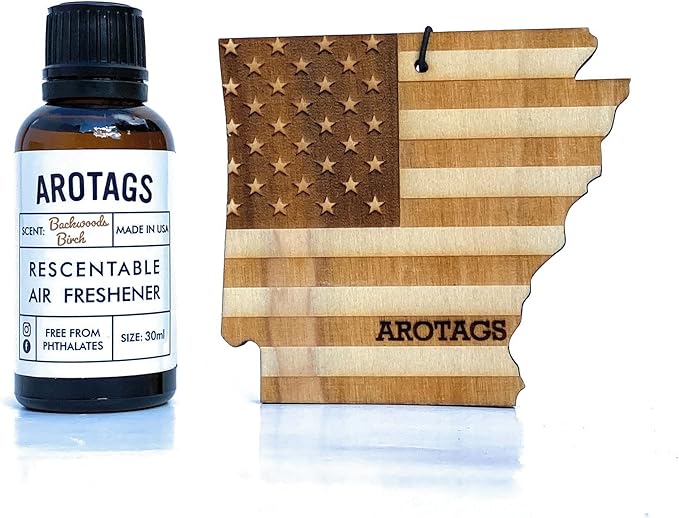 Arotags Car Air Freshener - Reusable Wood Diffuser - Hanging Odor Eliminator - Arkansas Patriot - Balsam & Cedar Scent