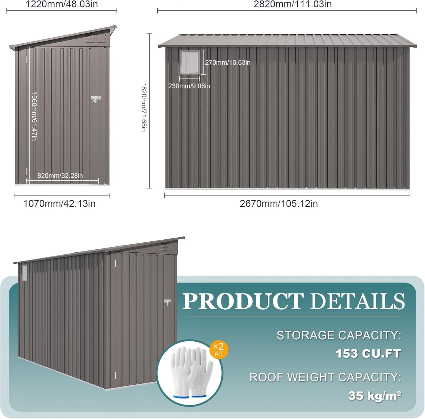 4 * 9.2 FT Outdoor Storage Shed, Galvanized Steel Garden Shed with Lockable Door & Window, Waterproof Metal Tool Storage for Garden, Backyard, Patio, Lawn(Gray)