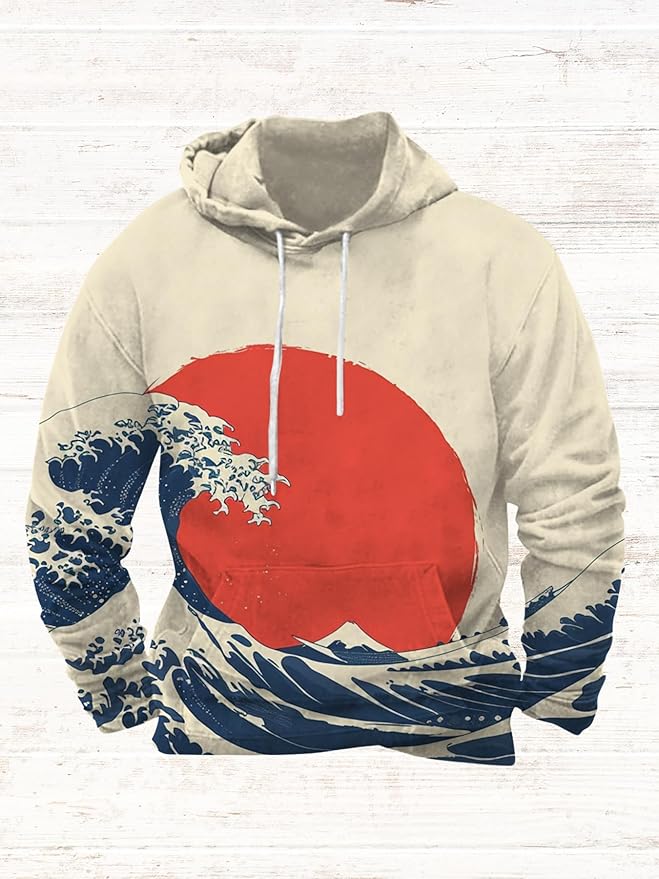 Mens Animal Print Graphic Hoodies Casual Long Sleeve Japanese Art Style Hooded Sweatshirt Lightweight Pullover Tops