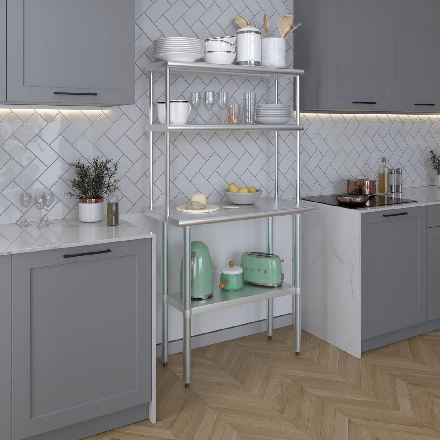 Amgood Stainless Steel Work Table Double Tier Overshelf | Metal Kitchen Prep Table & Shelving Combo (18" x 36" Work Table + 12" Overshelf)