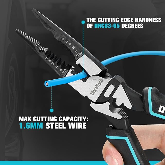 DURATECH 6-in-1 Needle Nose Pliers, 8.5" Multipurpose Long Nose Pliers with Wire Stripper/Crimper/Cutter Function, Heavy Duty Multifunctional Electrician Pliers for Crimping, Stripping, Shearing