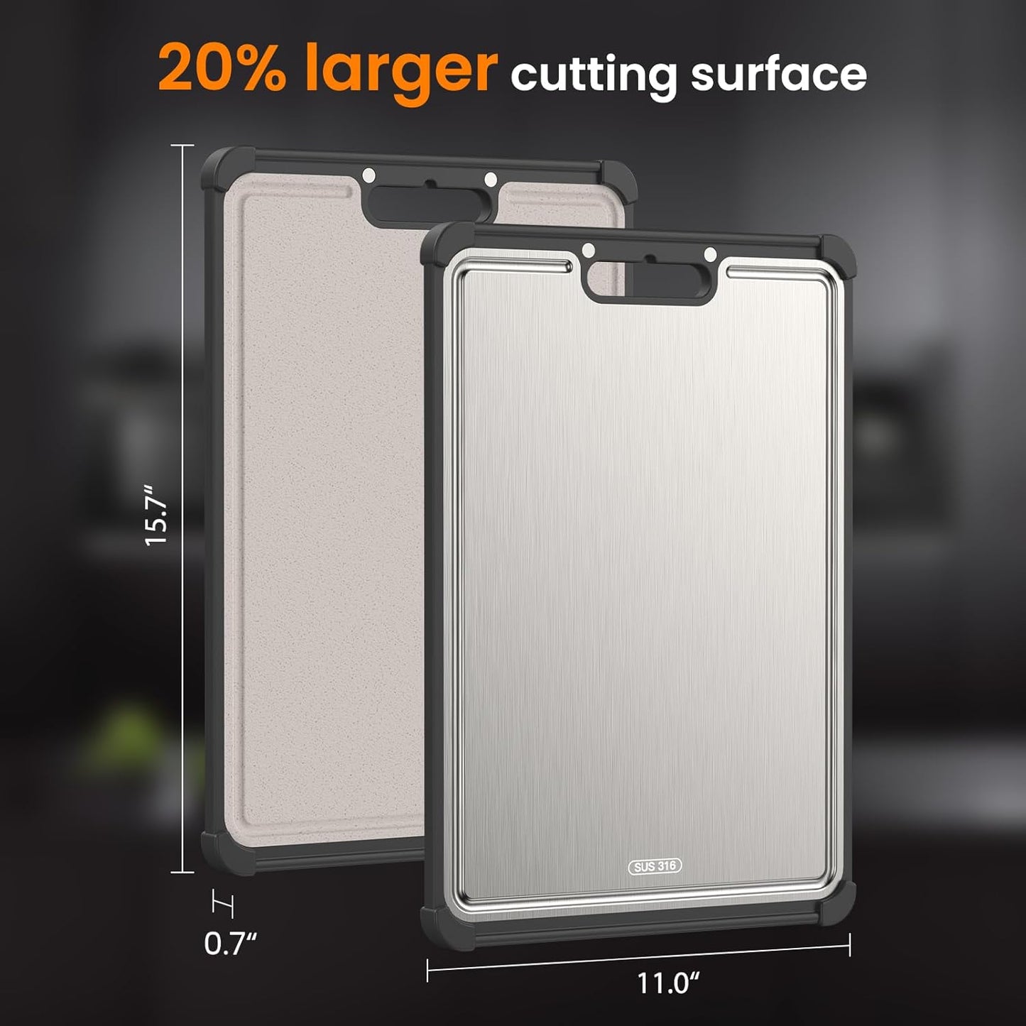 Premium 316 Stainless Steel Cutting Board for Kitchen– Double Sided,Non-Toxic& BPA-Free Chopping Board with Food-Grade Steel &Eco-Friendly Wheat Straw PP,for Meat&Vegetables Healthy Organic Board