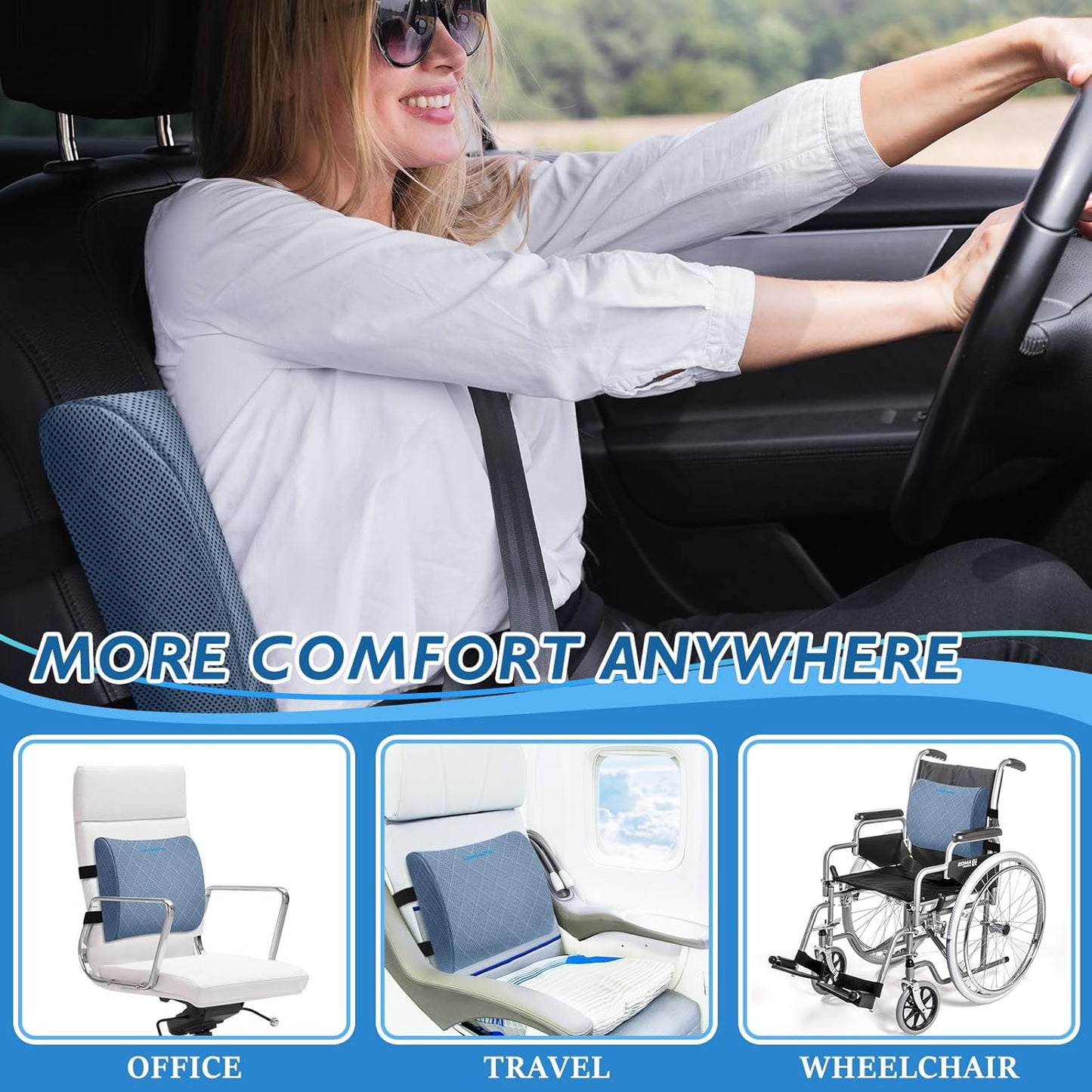 Lumbar Support Pillow for Office Chair Back Support Lumbar Pillow for Car, Gaming, Office Chair - Improve Sitting Posture & Back Pain Relief, Memory Foam, Adjustable Straps, Light Blue