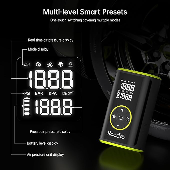Roadvo Tire Inflator Portable Air Compressor โ 150 PSI Cordless Bicycle Pump with Pressure Gauge, Digital Air Pump with 10000mAh Battery for Car, Road Bike, Electric Bike, MTB, Motorcycle, Balls