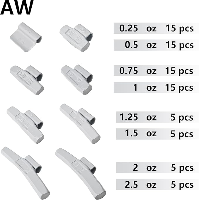 AW-M80 Wheel Weight Kit AW Style Grey 80 pcs/kit: 1/4 oz, 1/2 oz, 3/4 oz, 1 oz 15 pcs Each, 1 1/4 oz, 1 1/2 oz, 2 oz and 2 1/2 oz 5 pcs Each