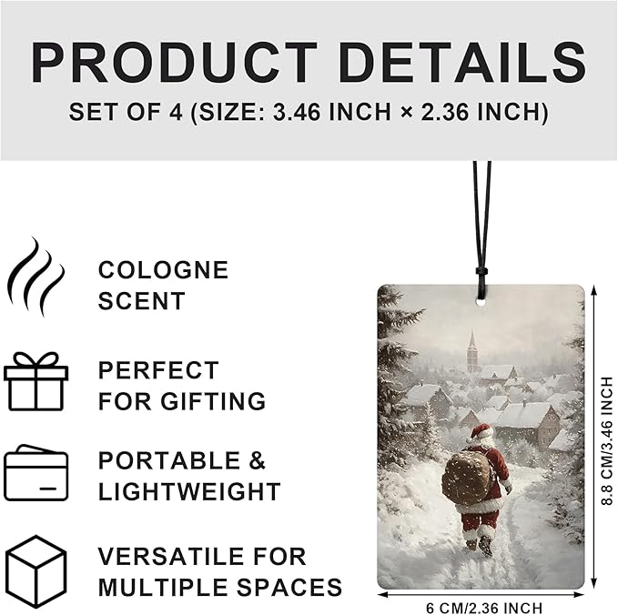 Winter Christmas Car Air Freshener 4 Pcs, Winter Santa Reindeer Forest Hanging Air Freshener for Cars Closet Drawer Books, Christmas Car Accessories for Women Men