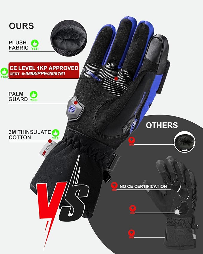 BORLENI Winter Motorcycle Gloves for Men, CE Level 1 KP Protection, Touchscreen Windproof Waterproof Warm Riding Gloves with Carbon Fiber Shell for Cold Weather