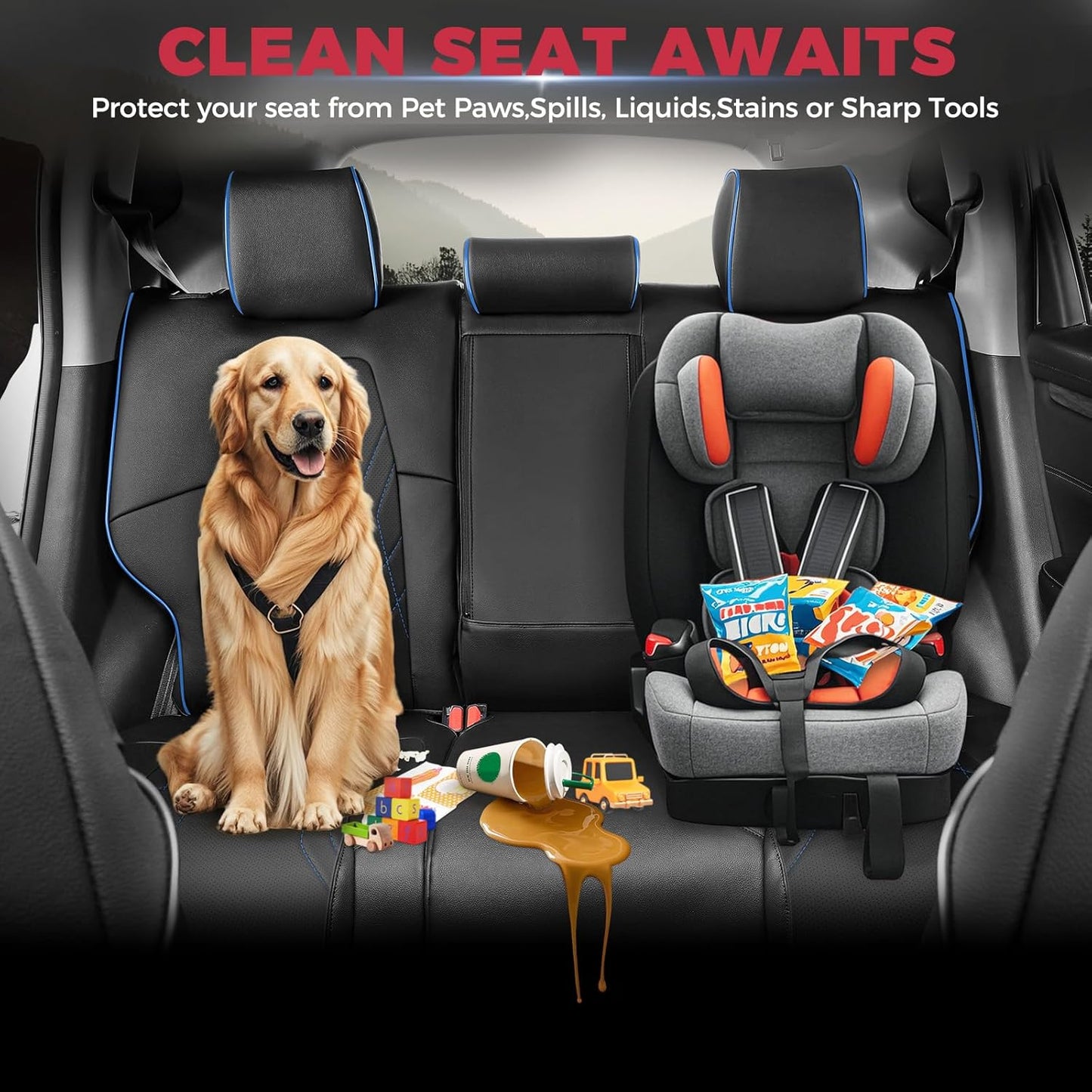 FREESOO CRV Seat Covers Full Set, for Honda CRV LX EX EX-L Sport Touring Hybrid 2017 2018 2019 2020 2021 2022, Custom Fit Car Seat Covers, Waterproof Leather Seat Covers, Black & Blue