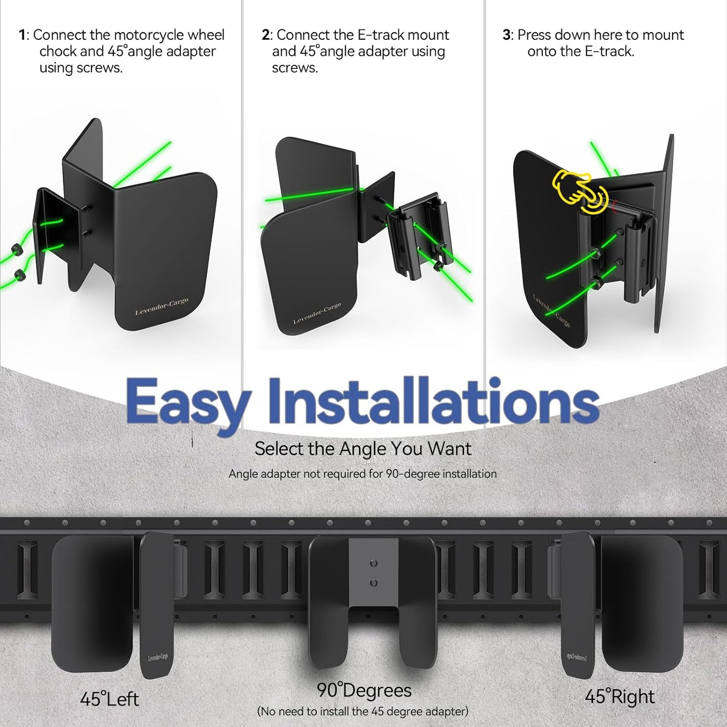 Motorcycle E-Track Wheel Chock,E Track Dirt Bike Wheel Chock fits tire 2" to 6",Heavy Duty 10 Gauge Steel E Track Motorcycle Wheel Chock,Black Dirt Bike Wheel Chocks for Trailer/Garage/Truck(2 Packs)