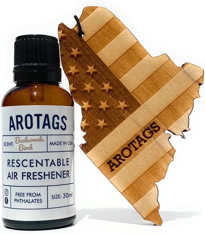 Arotags Car Air Freshener - Reusable Wood Diffuser - Hanging Odor Eliminator - Maine Patriot - Balsam & Cedar Scent