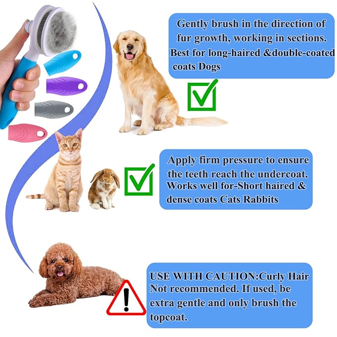 Cat Grooming Brush, Pets Skin Friendly Self Cleaning Slicker Massage Brushes for Shedding Dogs Cats Hair Gentle Remove Loose Undercoat with Long or Short Hairs for All Fur Type- UPGRADED