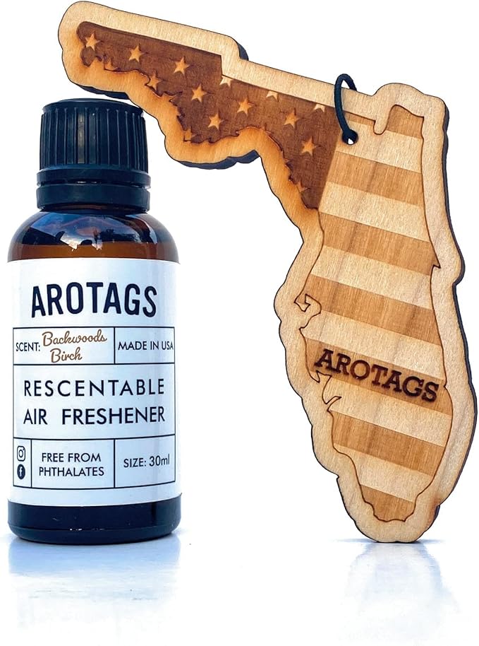 Arotags Car Air Freshener - Reusable Wood Diffuser - Hanging Odor Eliminator - Florida Patriot - Balsam & Cedar Scent