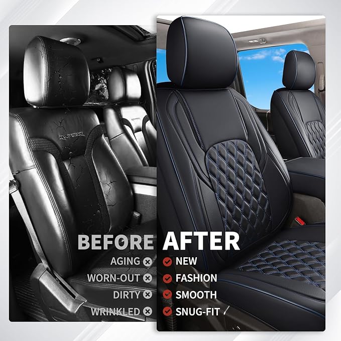 Huidasource Faux Leather Front&Rear Truck Seat Cover Custom Fit for 2015-2025 Ford F150 SuperCrew & 2017-2025 F250 F350 F450 Super Duty Crew Cab XL XLT Lariat King Ranch Platinum(Full Set/Black&Blue)