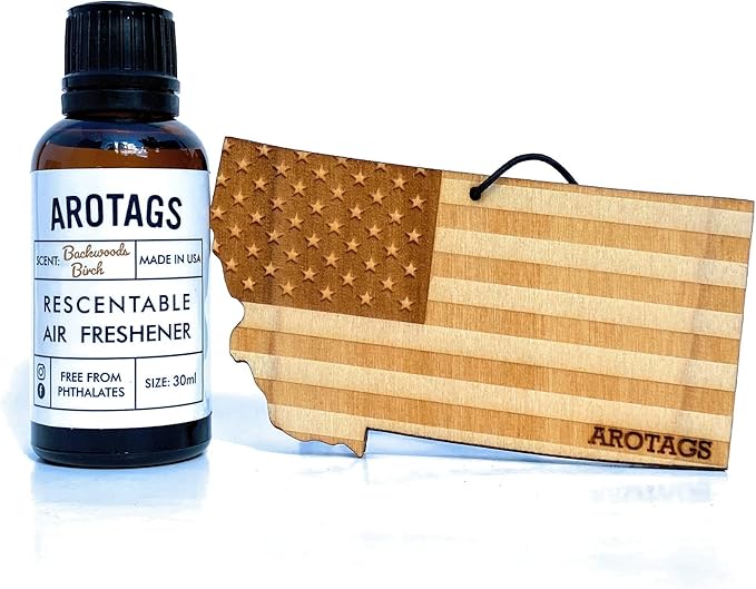 Arotags Car Air Freshener - Reusable Wood Diffuser - Hanging Odor Eliminator - Montana Patriot - Balsam & Cedar Scent