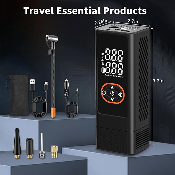 Tire Inflator Portable Air Compressor - 150PSI Air Pump For Car Tires with Digital Pressure Gauge, LED Light and Auto Shut-Off Function - Cordless Pump for Car, Motorcycle, Bicycle, Balls and More