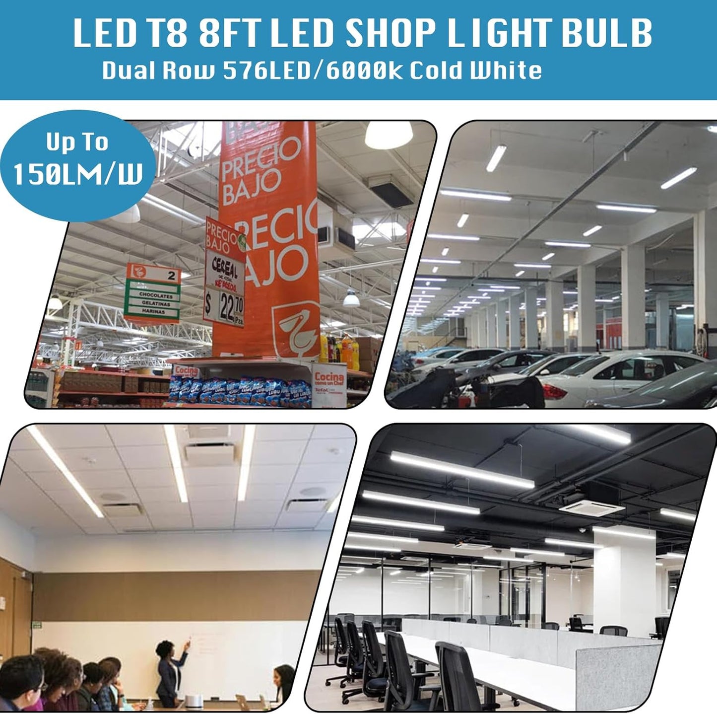 (12-Pack), 8FT LED Shop Light Fixture, Super Bright 100W 6000K Cold White 15000LM, 8 Foot Led Lights, Flat 2 Rows Flat Shape 96" LED Shop Lights,Linkable T8 LED Tube Lights for Garage Warehouse