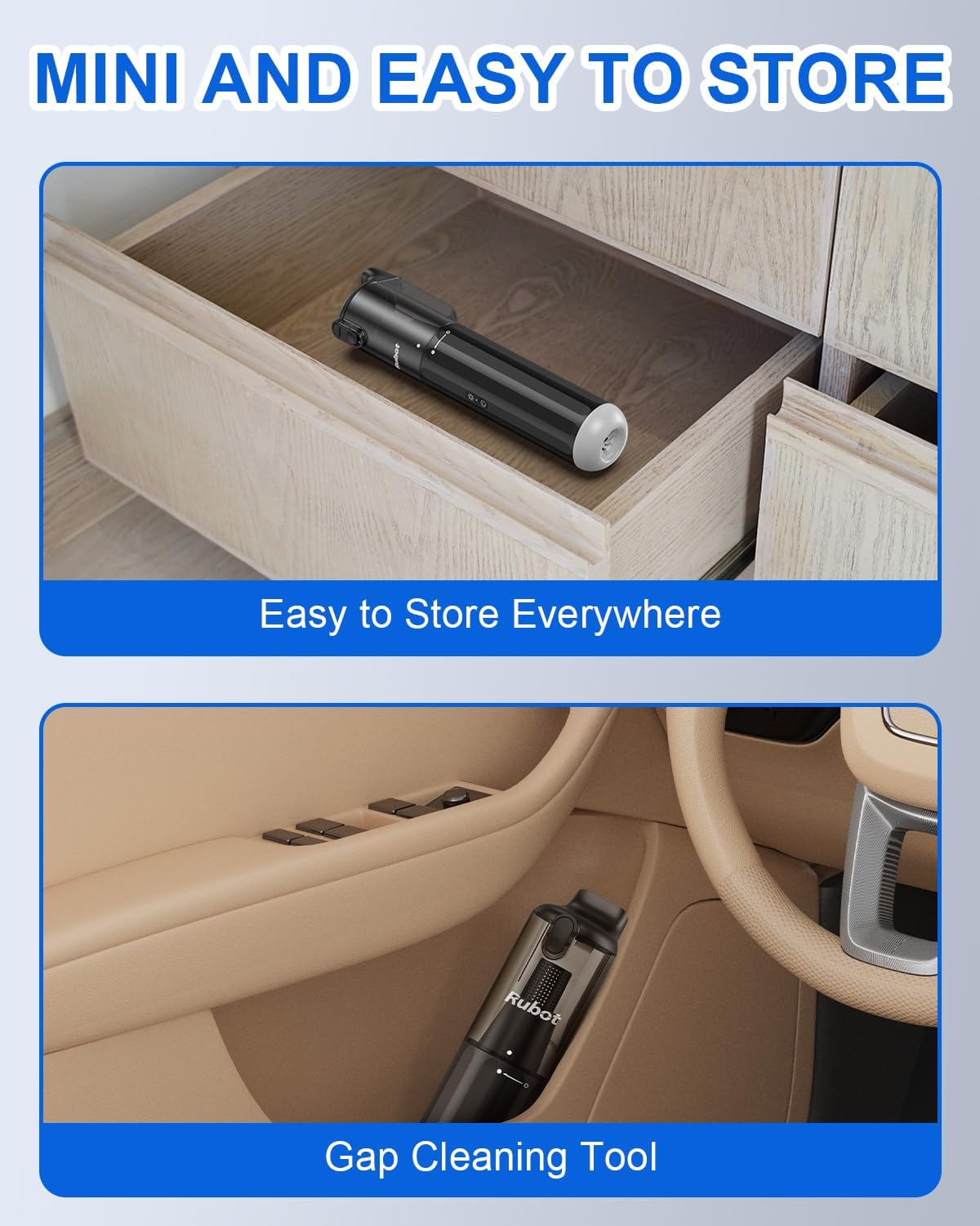 RUBOT Handheld Vacuum Cordless, Portable Car Vacuum with 2-Speed, 15KPA Powerful Suction Vacuum Cleaner, Lightweight 4-in-1 Hand Held Vacuum for Car Home Office and Pet Hair