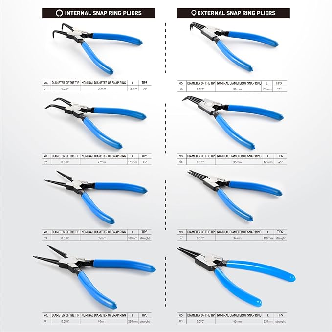 8 Piece Precision Snap Ring Pliers Set – 7" & 9" Internal/External Circlip Pliers, 3 Angle Tips (0° 45° 90°), Heavy Duty CR-V Steel