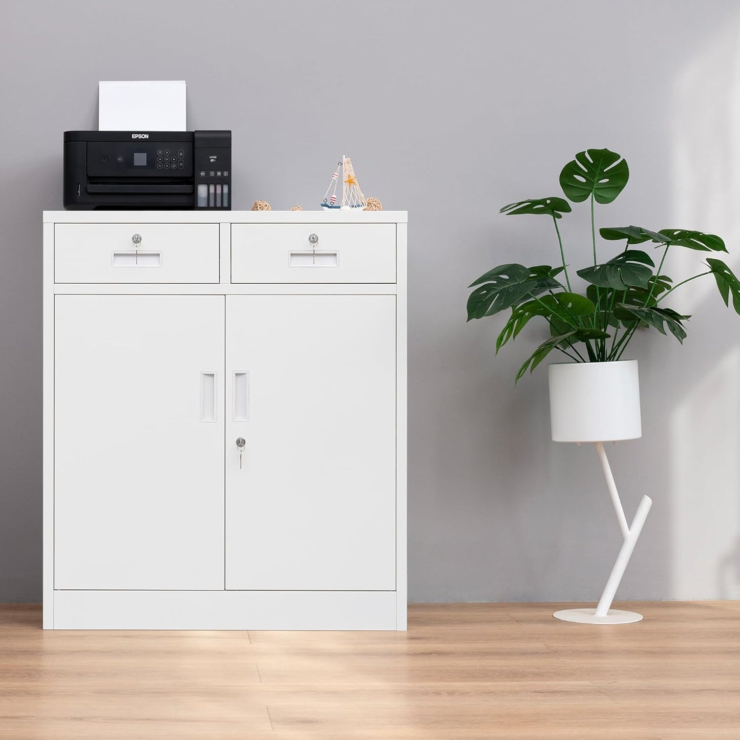 Metal Storage Cabinet, Locking Storage Cabinet with Adjustable Shelf, 36" H Metal Cabinets with Two Drawers for Office, Garage, Home-White