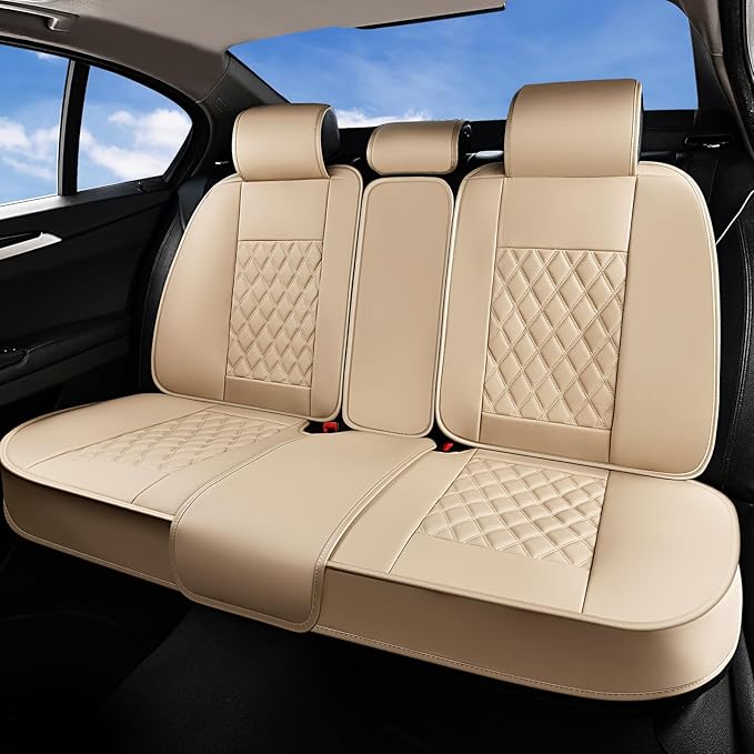 Huidasource Beige Rear Seat Cover, Nappa Leather Back Seat Cover Velcro Adjustable, Compatible with Armrests, Seat Belts, Child Safety Seats, Fit for Most Cars SUVs Trucks (Back Row/Beige)