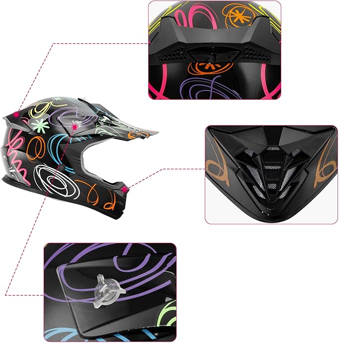 XFMT DOT Youth Kids Dirt Bike Helmet Full Face Motocross Helmets for Off-Road ATV Street Bike Four Wheeler Motorcycle with Goggles & Gloves, Graffiti Large