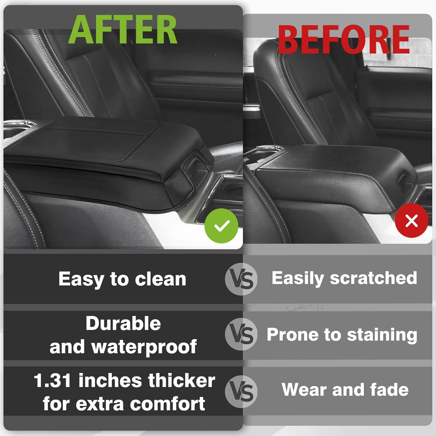 Muslogy Center Console Armrest Cover Compatible with Ford F250 F350 F450 2017-2022 Super Duty Comfort Armrest Pad Arm Rest Cushion Vegan Leather Protector 1-Inch Extra Thick(Bucket Seat ONLY)