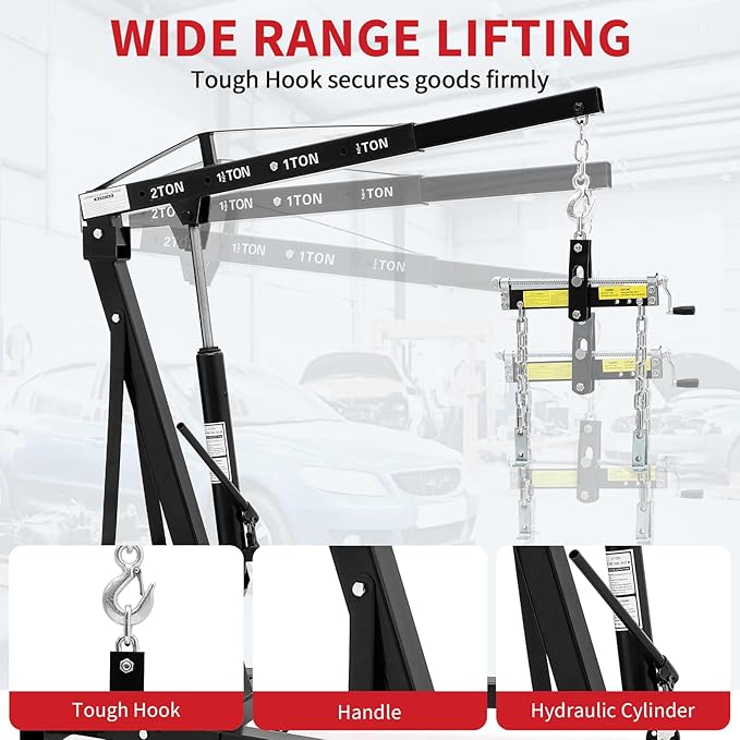 2 Ton Folding Hydraulic Engine Hoist with Load Leveler 4400 LBS Capacity Heavy Duty Cherry Picker 6 Swivel Wheels&Hydraulic Pump Adjustable Boom (0.5T-2T) for Garage Workshop Warehouse Black