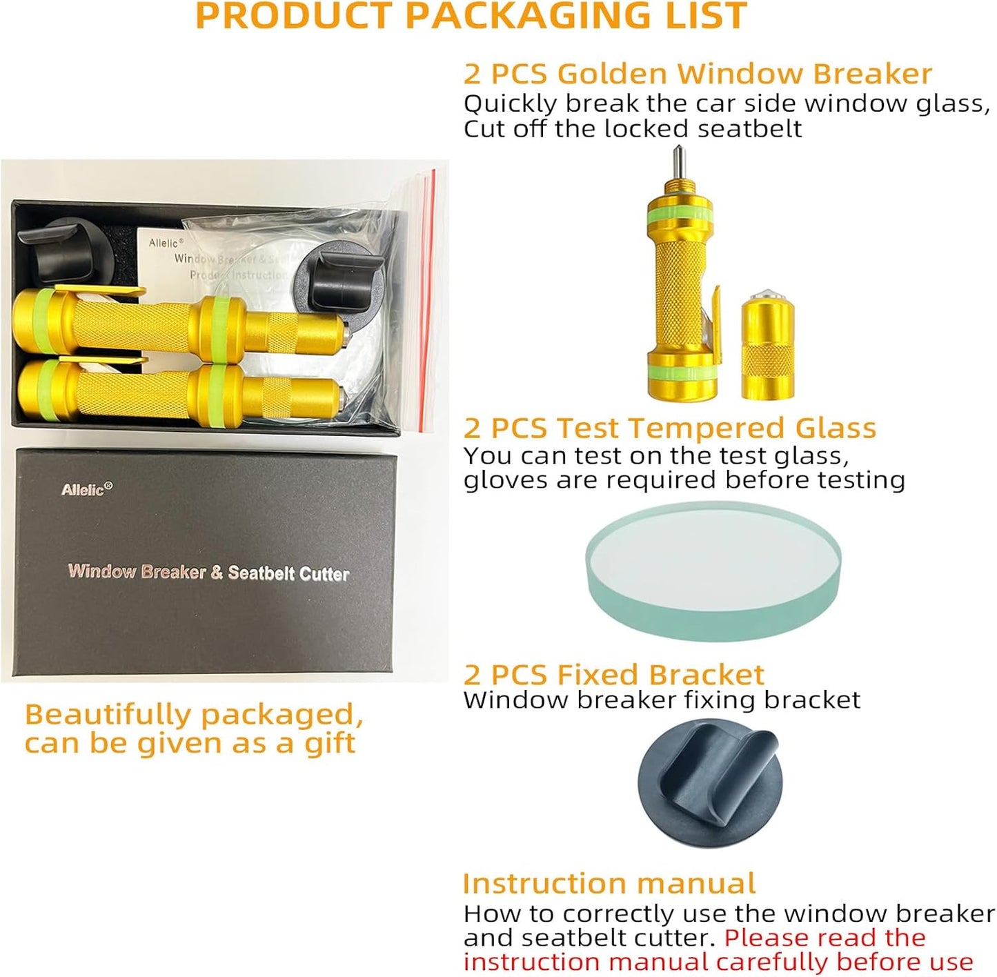 Allelic Car Window Breaker Tool, Window Breaker Seatbelt Cutter, Window Breaker, Glass Breaker, Spring-Loaded Window Breaker for Land & Underwater (Gold, 2 PCS)